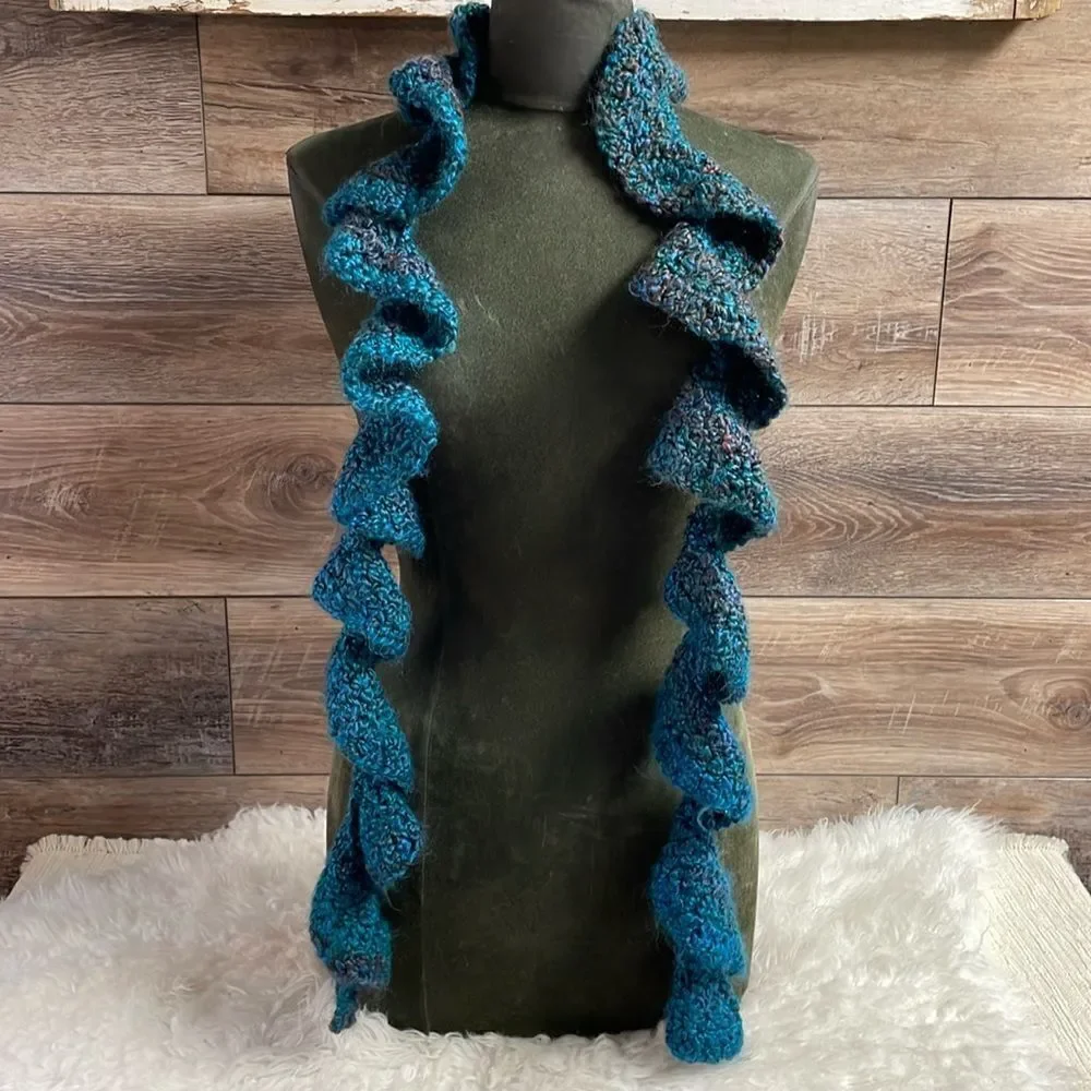 Ladies Handcrafted Crocheted Ruffled Scarf Varigated Dark Teal and Purple